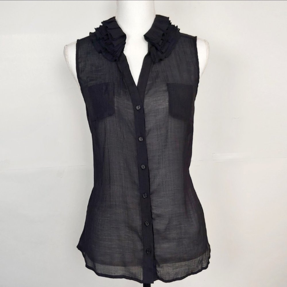 Sheer Black Lapis Button Up Sleeveless Shirt